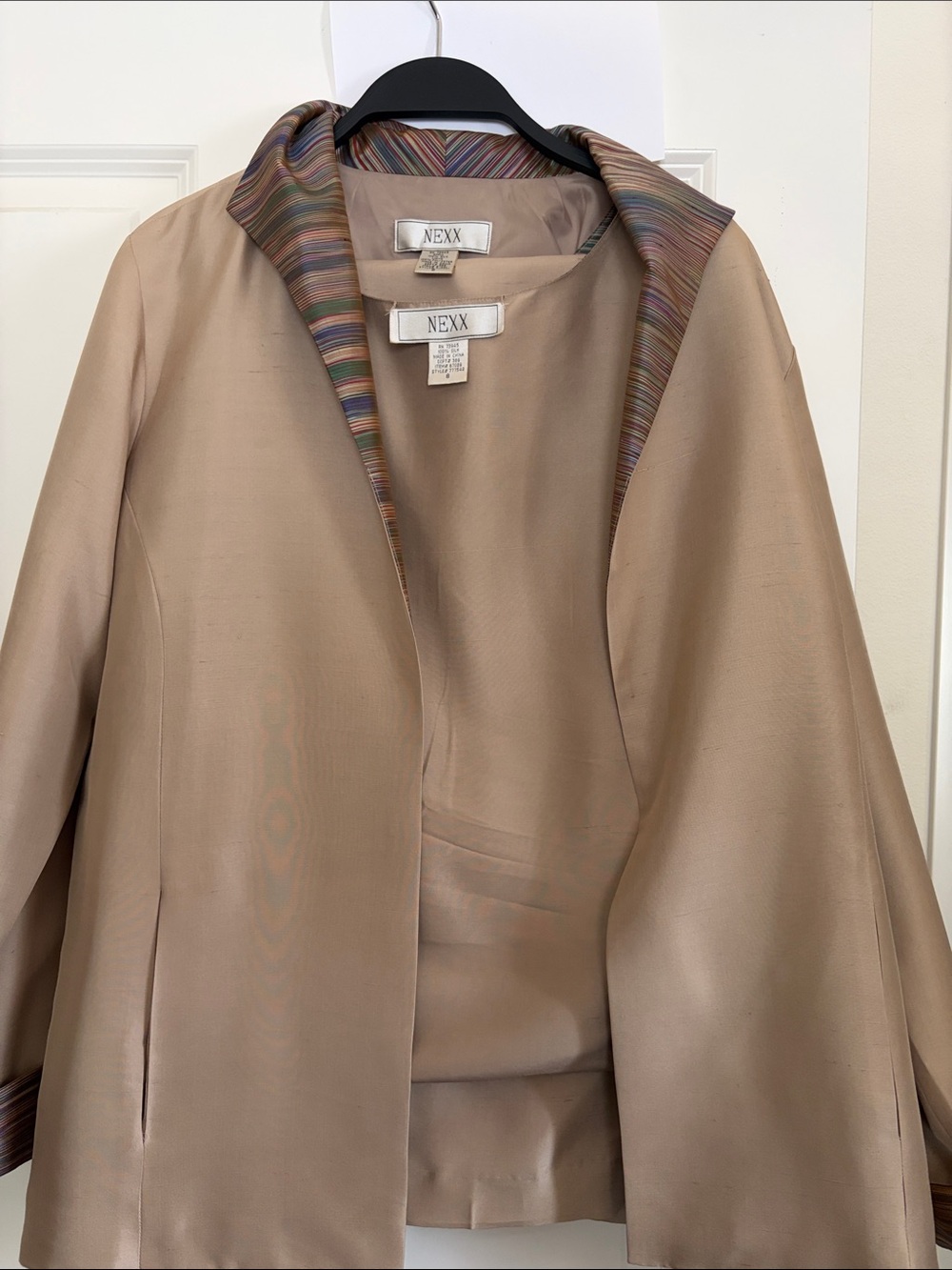 Nexx Taupe pure Silk Jacket with Multicolor Striped Trim